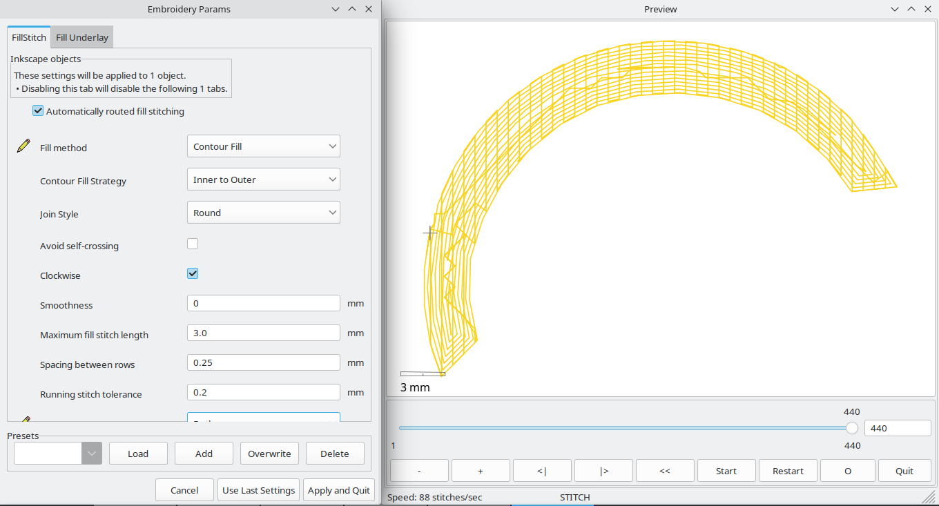 Screen shot of simulated fill stitches for bottom part of the sun