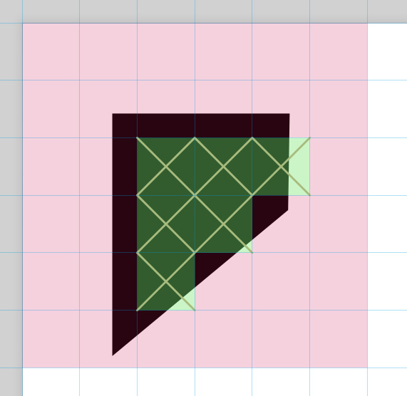 Cross stitch grid with a fill. Fields covered by the fill for more than 50% show a cross on top
