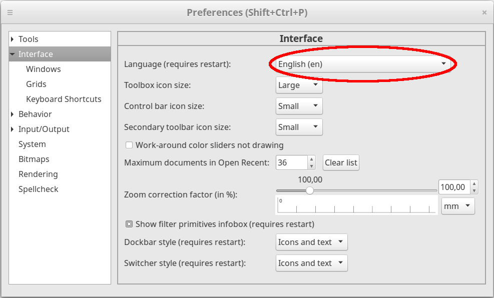 Preferences > Interface
