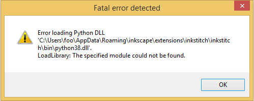 Error loading Python DLL 'C:\Users...\AppData\Roaming\inkscape\extensions\inkstitch\inkstitch\bin\python38.dll'. LoadLibrary: The specified module could not be found.