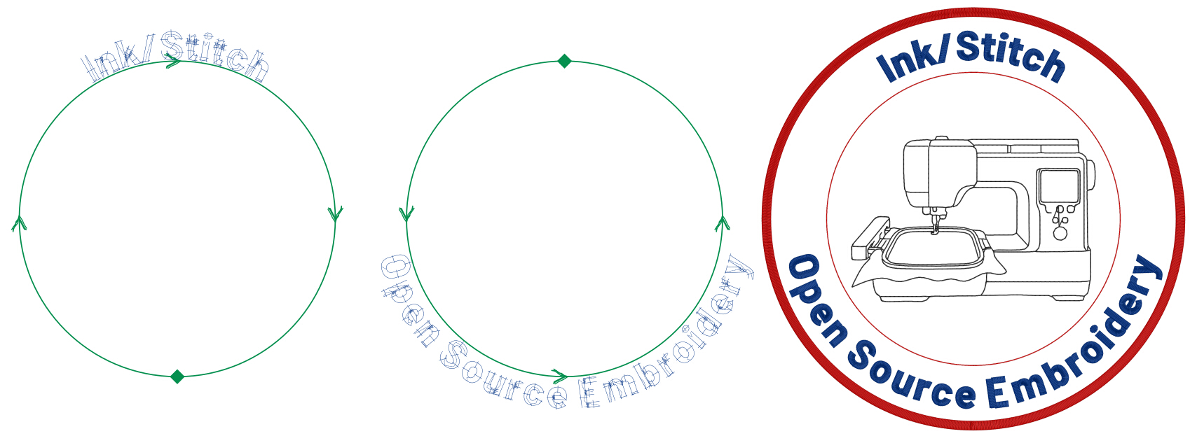 Schrift auf einem Kreis, oben und unten und als Patch zusammengesetzt.