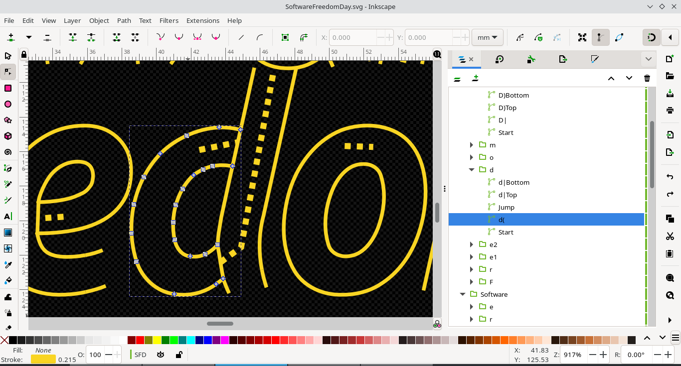 Screen shot of a letter showing dotted starting, middle and reversed ending segments